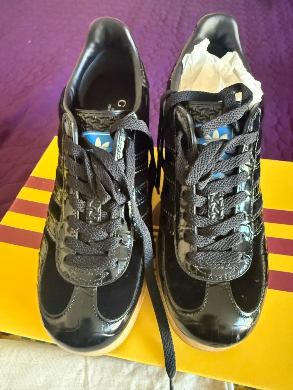Gucci adidas Gazelle Black Patent Wedge Platform Sneakers with Gum Sole - Picture 3 of 8